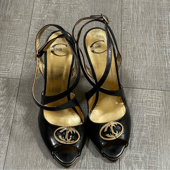 J8UST CAVALLI open toe Heels strappy size 38 US 7 black gold - Picture 1 of 14